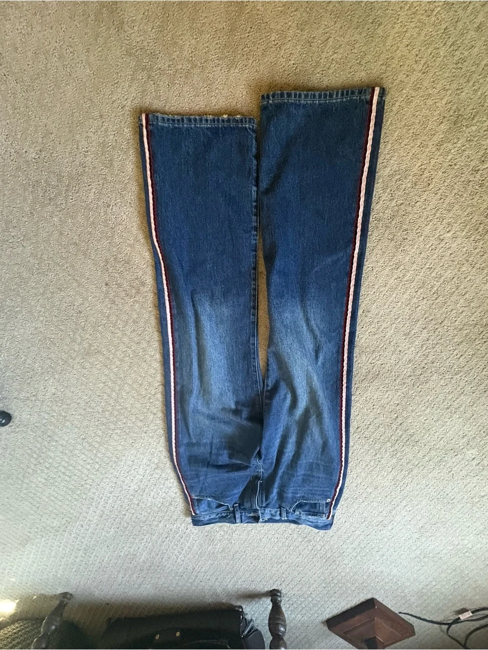 J. Crew Straight-Leg Dark Blue Jeans with Red & Pink Side Stripes